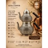 Aura Copper 3 Kat Ağır El Işlemeli Bakır Çaydanlık Seti 1,2 mm Yoğun Motifli Gümüş Eskitme Büyük Boy - (Bakır Bileklik Hediyedir !!!) - Trs-0083