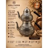 Aura Copper 3 Kat Ağır El Işlemeli Bakır Çaydanlık Seti 1,2 mm Yoğun Motifli Gümüş Eskitme Büyük Boy - (Bakır Bileklik Hediyedir !!!) - Trs-0084