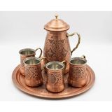 Aura Copper Ağır El Işlemesi Kapaklı Bakır Sürahi 1.2mm Kalın Saf Bakır 2.5 Lt - 27 cm Rose/bakır Renk & Tepsi 40 cm Bardak 500 ml 4 Adet ve Sürahi Seti - 2000 ml