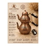 AURA COPPER Gaziantep Geleneksel Büyük Boy Bakır Çaydanlık El İşçiliği Ağır El İşlemeli Bakır Çaydanlık Takımı - Seti 1,2 mm Kalın Bakır Detaylı Ahşap Kulp Gümüş Eskitme Renk - (BAKIR BİLEKLİK HEDİYEDİR !!!)