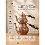 Aura Copper Gaziantep Geleneksel Büyük Boy Bakır Çaydanlık El Işçiliği Ağır El Işlemeli Bakır Çaydanlık Takımı - Seti 1,2 mm Kalın Bakır Sedef Detaylı Ahşap Kulp Bakır Eskitme Renk - Eskitme Rose