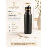 Aura Copper Kalın Bakır Matara – 600 ML El Işçiliği Suluk - Su Saklama Şişesi Siyah/rose