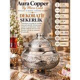 Aura Copper Kapaklı Bakır Şekerlik 3 Ayaklı El Işlemeli Lokumluk Gümüş Renk - Zımba - Gümüş Renk-Zımba