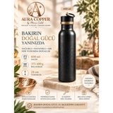 Aura Copper Siyah Oksit Bakır Matara 600 ml – Dövme Desenli Sızdırmaz El Yapımı Su Şişesi - Kabartmalı
