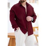 Aura Giyim Erkek Petek Keten Oversize Rahat Kesim Uzun Kollu Yazlık Gömlek - XL - Bordo