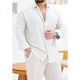 Aura Giyim Erkek Petek Keten Oversize Rahat Kesim Uzun Kollu Yazlık Gömlek - XL - Krem