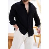 AURA GİYİM Erkek Petek Keten Oversize Rahat Kesim Uzun Kollu Yazlık Gömlek