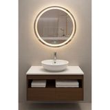 Aurora 60CM Banyo Dolabı Seti (Yuvarlak Ledli Dokunmatik Ayna + Mdf Lavabo Dolabı, Seramik Lavabo) - Ceviz