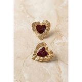 AURRARİ Gold Bordo Mineli Ve Çizgili Kalp Küpe