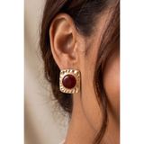 AURRARİ Gold Dörtgen Vintage Bordo Mineli Küpe