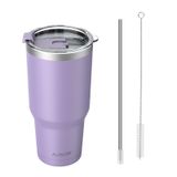 AUSOR 30oz Kapaklı ve Pipetli Bardak, Su Şişesi, Sıcak ve Soğuk için Yalıtımlı Paslanmaz Çelik Bardak, Kahve Seyahat Kupası Bardakları Yeniden Kullanılabilir Mor