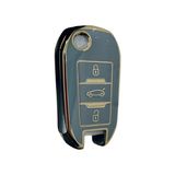 Autohan Keys Peugeot 208 – 301 – 307 – 308 – 508 – 2008 – 3008, Citroen C3 - C4, Opel Combo Modellerine Uygun Sustalı Lüks Nano Anahtar Koruma Kılıfı - Gri - Altın