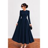 Avakado Vintage Elegance Uzun Kollu Lacivert Belden Oturtmalı Maxi Elbise