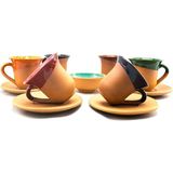 Avanos Renkli Çömlek Fincan Takımı-Mini Lokumluk Hediyeli-Toprak Fincan Takımı - Antrasit - Mavi - 100 ml