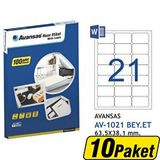 Avansas AV-1021 Beyaz 63.5x38.1 mm 21'li 10 Adet Etiket