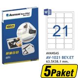 Avansas AV-1021 Beyaz 63.5x38.1 mm 21'li 5 Adet Etiket