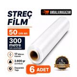 Avantaj Paketi (6 Adet) 300 Metre Kalın Şeffaf Palet Streç Film - 50 Cm En - 17 Mikron - 2.600 Gr