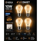 Avarson (4 Adet) HEKA 10W Günışığı (3000K) E27 Duylu dim Edilebilir LED Rustik Ampul - Gün Işığı
