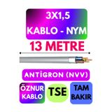 Avarson Öznur 3x1,5 Antigron NYM Kablo, 13 Metre, Gri