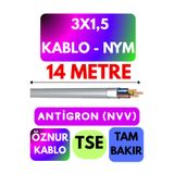 Avarson Öznur 3x1,5 Antigron (NYM) Kablo, 14 Metre, Gri
