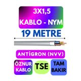Avarson Öznur 3x1,5 Antigron NYM Kablo, 19 Metre, Gri