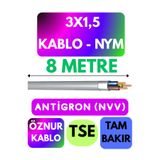 Avarson Öznur 3x1,5 Antigron NYM Kablo, 8 Metre, Gri