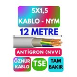 Avarson Öznur 5X1,5 Antigron NYM Kablo, 12 Metre, Gri