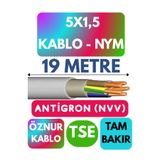 Avarson Öznur 5x1,5 Antigron NYM Kablo, 19 Metre, Gri
