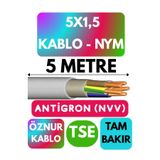 Avarson Öznur 5x1,5 Antigron NYM Kablo, 5 Metre, Gri