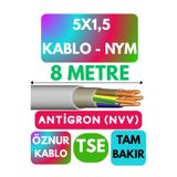 Avarson Öznur 5x1,5 Antigron NYM Kablo, 8 Metre, Gri
