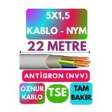 Avarson Öznur 5x1,5 NYM Antigron Kablo, 22 Metre, Gri
