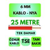 Avarson Öznur 6 MM NYA Kablo, 25 Metre, Kırmızı, Tek Damar