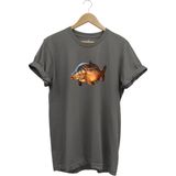 Avcılık Fishing Deniz Göl Sazan Balığı Baskılı Renkli %100 Pamuk Regular Fit Bisiklet Yaka T-Shirt - 2XL - Gri