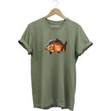 Avcılık Fishing Deniz Göl Sazan Balığı Baskılı Renkli %100 Pamuk Regular Fit Bisiklet Yaka T-Shirt - Haki