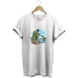 Avcılık Fishing Teknede Olta ile Balık Tutmak Baskılı %100 Pamuk Regular Fit Bisiklet Yaka T-Shirt - Beyaz