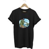 Avcılık Fishing Teknede Olta ile Balık Tutmak Baskılı %100 Pamuk Regular Fit Bisiklet Yaka T-Shirt - Siyah - XL