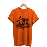 Avcılık Hunter Av Köpekleri Tavşan ve Keklik Kuşu Baskılı Regular Fit %100 Pamuk T-Shirt - Turuncu - 3XL
