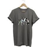 Avcılık Hunting Renkli Pointer Setter Köpekleri Baskılı %100 Pamuk Regular Fit Bisiklet Yaka T-Shirt - 3XL - Gri