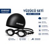 Avessa Yüzücü Seti Silikon Bone + Anti Fog Yüzücü Gözlüğü Su Geçirmez Ayarlanabilir Profesyonel Kullanım - Standart - Siyah