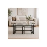 AVİBO HOME Loft Siyah Şeffaf Cam 3 lü orta Sehpa Metal Çerçeveli Temperli Cam