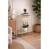 AVİBO HOME Vetra Metal Yan Sehpa Gold Şeffaf Cam 2 Katlı Cam Raflı Modern Dekoratif Saksı Standı 40x30 cm