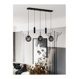 Avizade Nara Siyah Metal Gövdeli 5'Li Modern Sıralı Sarkıt Avize- 2 Spot Led 3 Füme Cam Küre Avize