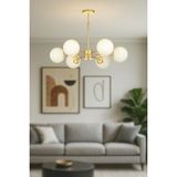 Avizemoda Miya 6 lı Beyaz Camlı Salon Oturma Odası Modern Sarkıt Avize - (Gold Kaplama)