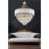 Avizemoda Palmira 55'lik Prizma Kesim Kristal Taşlı Lüks Salon Avize - (Beyaz-Gold) - Beyaz - Altın - Beyaz