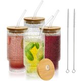 AVLA Bambu Kapaklı ve Pipetli 4 Paket İçme Bardağı, 12 oz Vintage İstiflenebilir Highball Su Kupası, Skinny Tall Collins Bardak, Kabartmalı İçecek Züccaciye Mojito Suyu Soda için Buzlu Kahve Bardağı