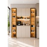 Avmpark Dolce Kahve Köşesi 208 cm 3 Kapaklı+2 Boy Dolaplı Temperli Camlı LED Işıklı Çok Amaçlı Dolap Kiler Dolabı Vizon 1C3K1C