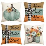 AVOIN colorlife Sonbahar Balkabağı Ev Tatlı Ev Kırlent Kılıfları, 45 x 45 cm Sonbahar Minnettar Mübarek Hasat Çiçek Süslemeleri Kanepe Kanepe için 4'lü Set