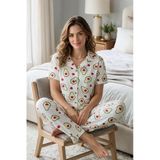 Avokado Desenli Kısa Kollu Gömlek Yaka Milan Kumaş Kadın Pijama Takımı