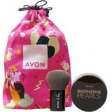 Avon Bronze On The Glow Hediye Seti Bronzlaştırıcı İnciler ve Kabuki Fırça ile 18 cm İpli Kese