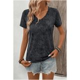 Avones Kadın Antrasit V Yaka Yıkamalı Tişört Eskitme Görünümlü Kısa Kollu Dokulu Basic T-shirt